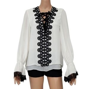 Jonathan Simkhai Women Ivory/Black Long Sleeve Silk‎ Top Blouse Size S Small